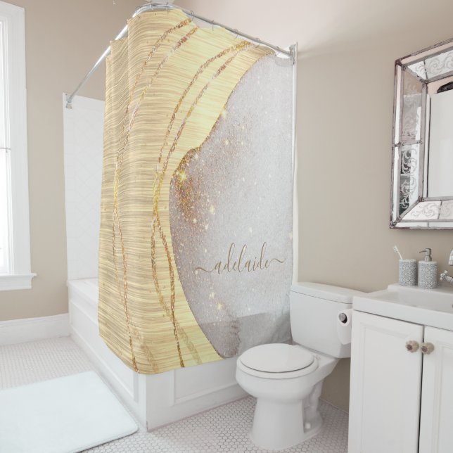 Elegant Gold Glitter Monogram Name Script Metallic Shower Curtain (In Situ)