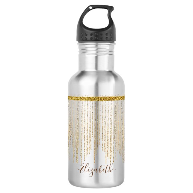 Elegant Gold Glitter Monogram Name Stainless Steel Water Bottle (Front)