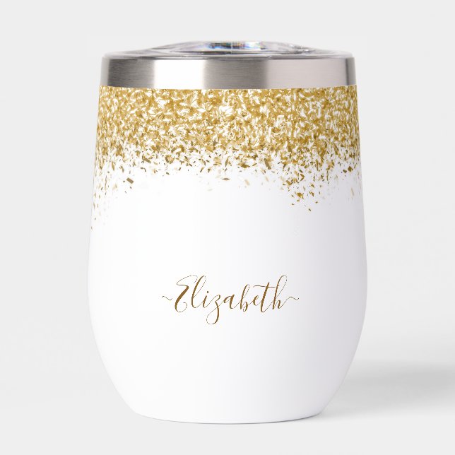 Elegant Gold Glitter Monogram Name Thermal Wine Tumbler (Front)
