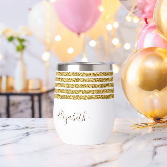 Elegant Gold Glitter Monogram Name Thermal Wine Tumbler (Bachelor Party)