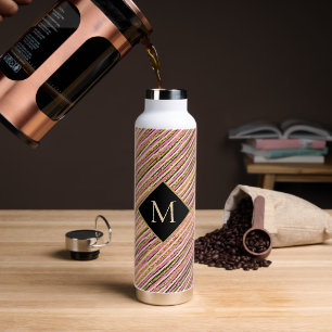 Elegant Gold Glitter Monogram Stripes Black Water Bottle