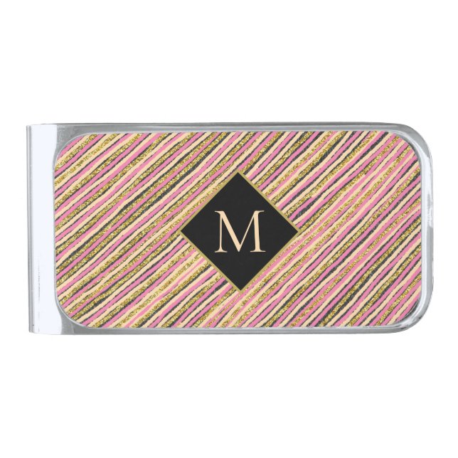 Elegant Gold Glitter Monogram Stripes Silver Finish Money Clip (Front)