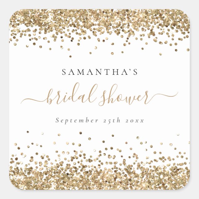 Elegant Gold Glitter Name Date Bridal Shower Square Sticker (Front)