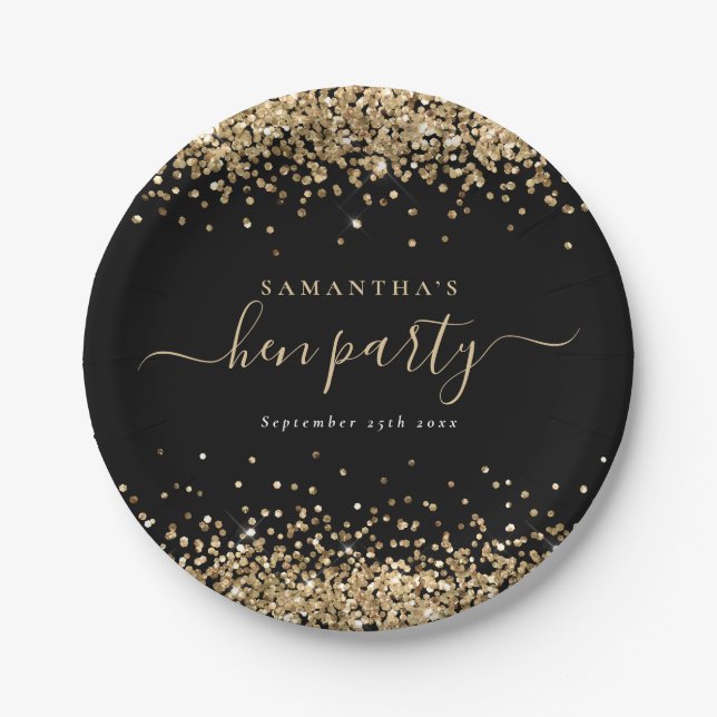 Elegant Gold Glitter Name Date Hen Party Black Paper Plates (Front)