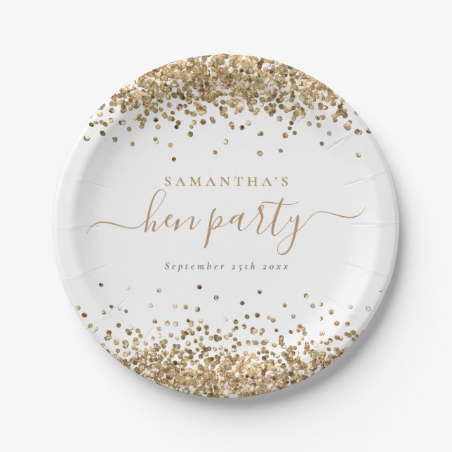 Elegant Gold Glitter Name Date Hen Party Paper Plates (Front)