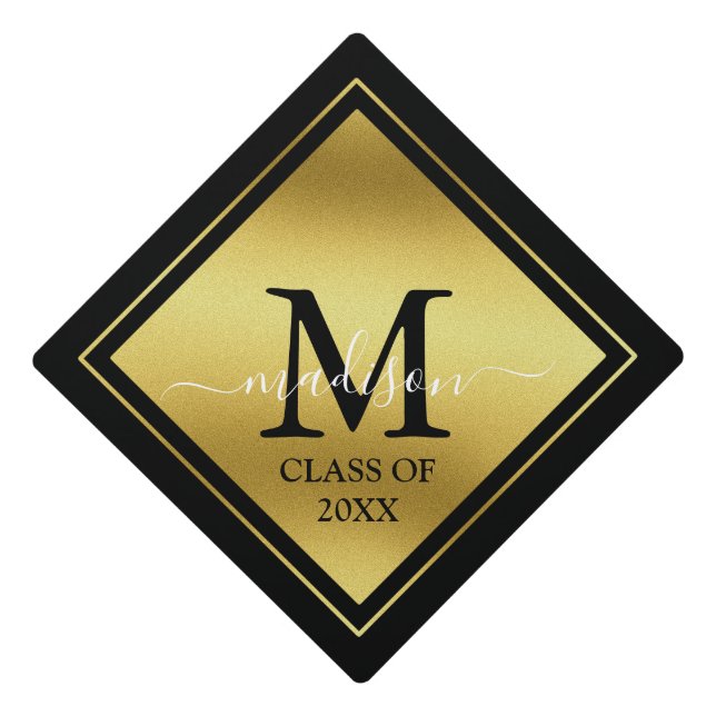Elegant Gold Glitter Name Year School Graduation Cap Topper (Front)