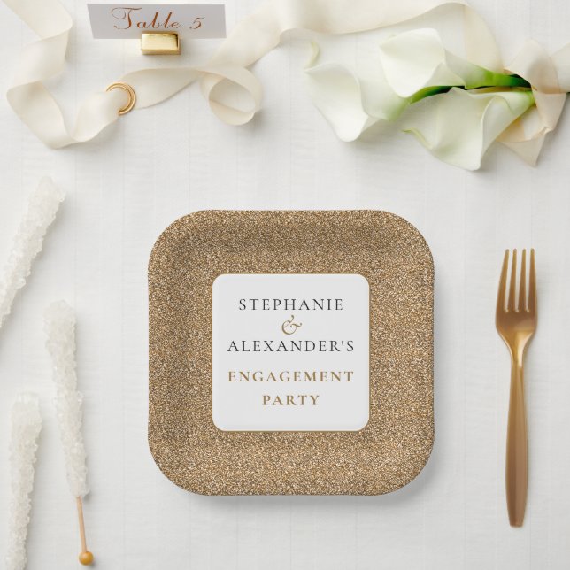 Elegant Gold Glitter Names Engagement Party  Paper Plates (Wedding)