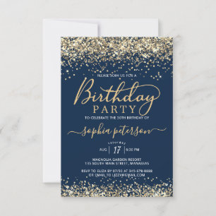 Elegant Gold Glitter Navy Blue Any Age Birthday Invitation