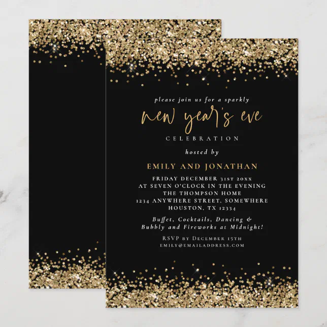 Elegant Gold Glitter New Years Eve Black Invitation | Zazzle