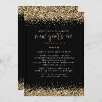 Elegant Gold Glitter New Years Eve Black  Invitation