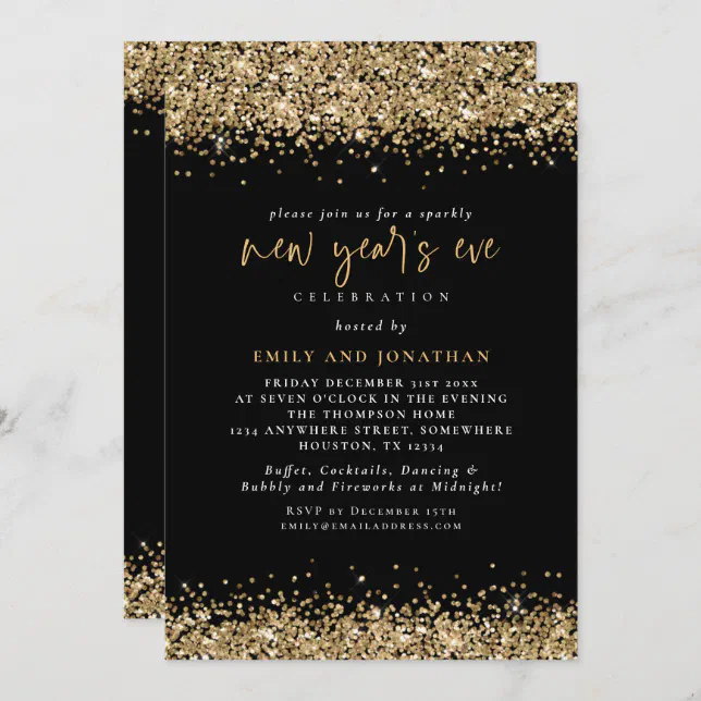 Elegant Gold Glitter New Years Eve Black Invitation | Zazzle