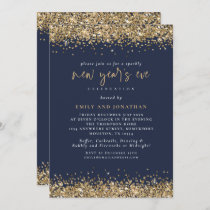 Elegant Gold Glitter New Years Eve Navy Blue Invitation
