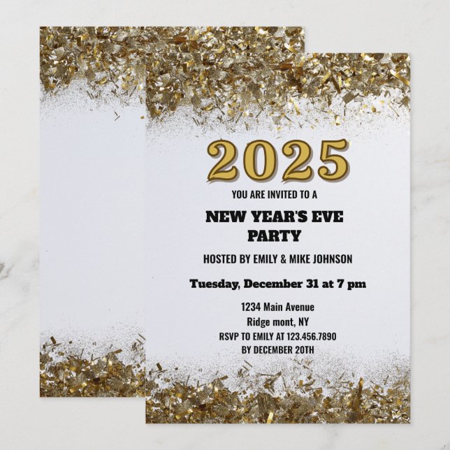 Elegant Gold Glitter New Years Eve white 2025 Invitation (Front/Back)