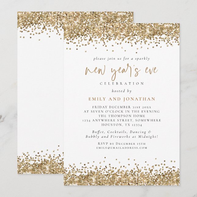 Elegant Gold Glitter New Years Eve White Invitation (Front/Back)