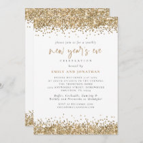Elegant Gold Glitter New Years Eve White Invitation