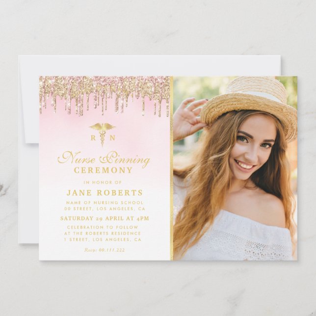 elegant gold glitter nurse pinning ceremony  invitation (Front)