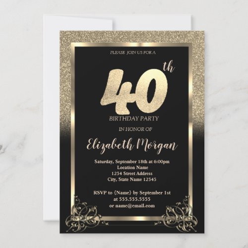 Elegant Gold Glitter Ombre 40th Birthday Party Invitation