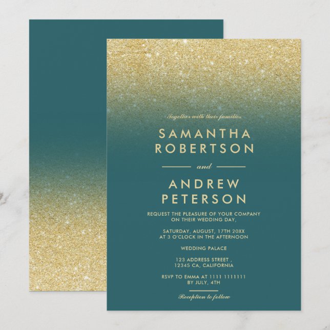 Elegant gold glitter ombre teal wedding invitation (Front/Back)