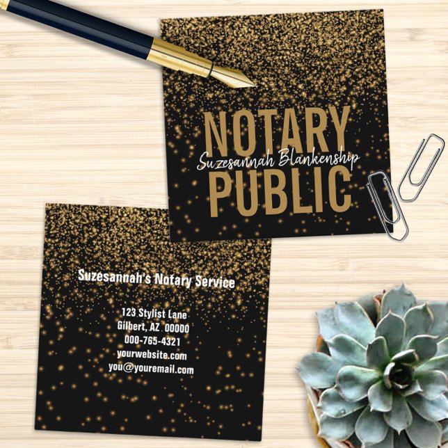 Elegant Gold Glitter On Black Custom Notary Square Business Card (Creator Uploaded)