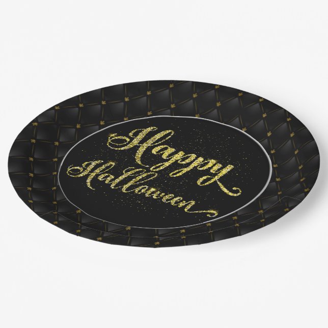 Elegant Gold Glitter On Black Happy Halloween Paper Plates (Angled)