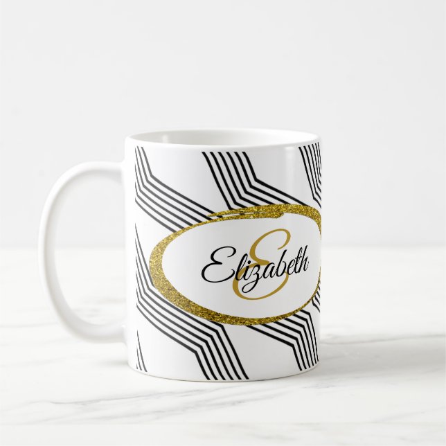 Elegant Gold Glitter Oval Personalized Monogram Coffee Mug (Left)