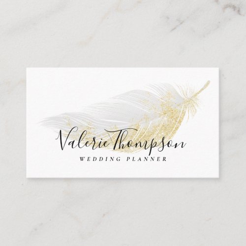 Elegant gold glitter pastel gray feather modern business card