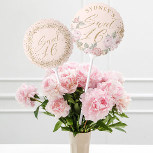 Elegant Gold Glitter Peony Floral Sweet 16 Pink Balloon