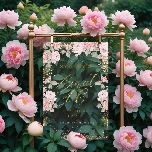 Elegant Gold Glitter Peony Floral Sweet 16 Welcome Acrylic Sign