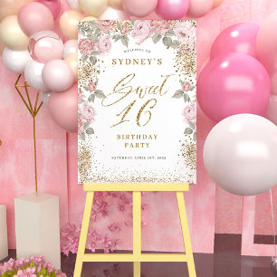 Elegant Gold Glitter Peony Floral Sweet 16 Welcome Foam Board