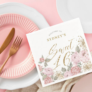 Elegant Gold Glitter Peony Florals Sweet 16 Favor Napkins