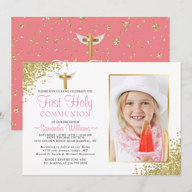 Elegant Gold Glitter Photo First Communion Invitation (Front/Back)