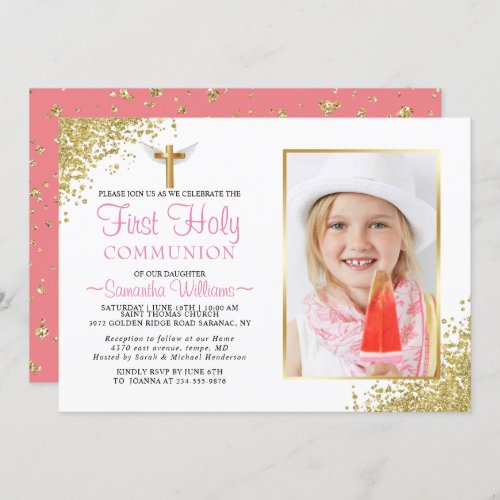 Elegant Gold Glitter Photo First Communion Invitation