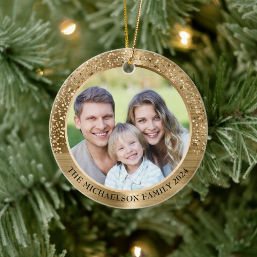 Elegant Gold Glitter Photo Metallic Christmas Ceramic Ornament