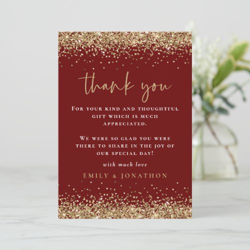 Elegant Gold Glitter Photo Wedding Burgundy Thank You Card