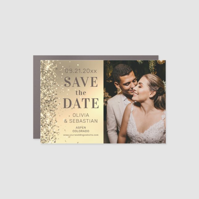 Elegant Gold Glitter Photo Wedding Save The Date Car Magnet (Front)