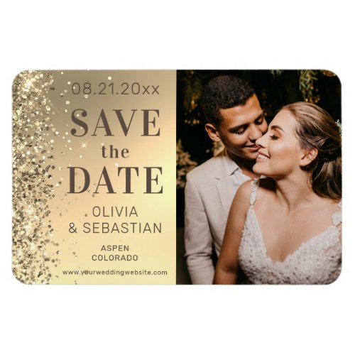 Elegant Gold Glitter Photo Wedding Save The Date Magnet