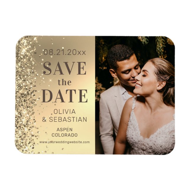 Elegant Gold Glitter Photo Wedding Save The Date Magnet (Horizontal)