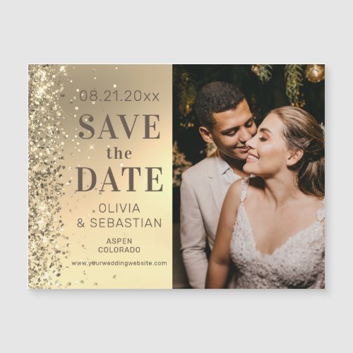 Elegant Gold Glitter Photo Wedding Save The Date Magnetic Invitation