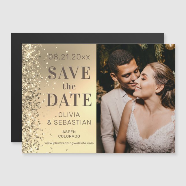Elegant Gold Glitter Photo Wedding Save The Date Magnetic Invitation (Front/Back)