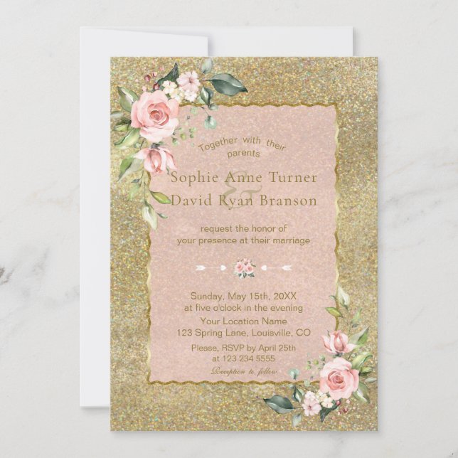 Elegant Gold Glitter Pink Blush Floral Wedding Invitation (Front)