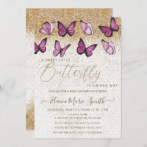 Elegant Gold Glitter Pink Butterfly Baby Shower Invitation