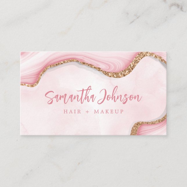 Elegant Gold Glitter Pink Marble Swirl Watercolor Business Card (Front)