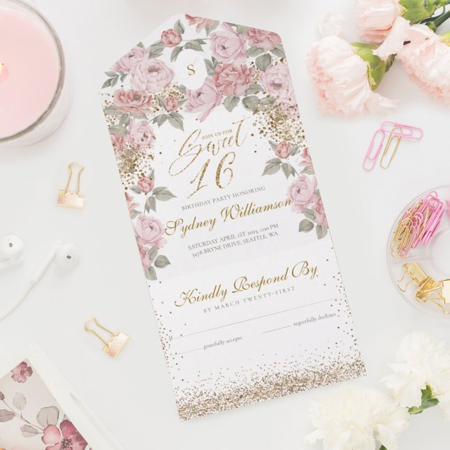 Elegant Gold Glitter Pink Peony Sweet 16 Birthday All In One Invitation (Creator Uploaded)