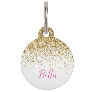 Elegant Gold Glitter Pink White Pet ID Tag
