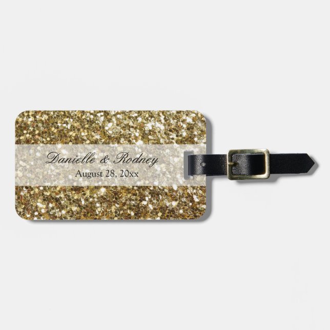 Elegant Gold Glitter Printed Wedding Luggage Tag (Front Horizontal)