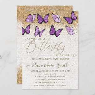 Elegant Gold Glitter Purple Butterfly Baby Shower Invitation