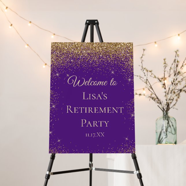 Elegant Gold Glitter Purple Retirement Welcome Foam Board (In Situ (Stand))