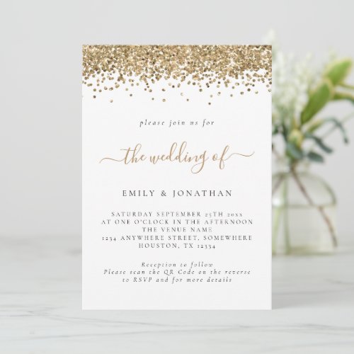 Elegant Gold Glitter QR Code Wedding Invitation