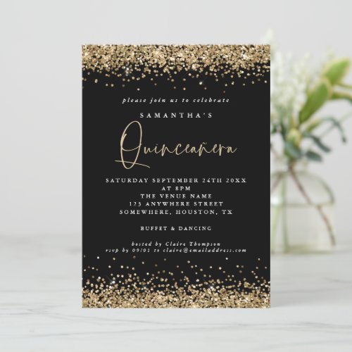 Elegant Gold Glitter Quinceaera 15th Party Black Invitation