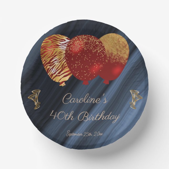 Elegant Gold & Glitter Red Balloons Birthday Paper Bowls (Front)